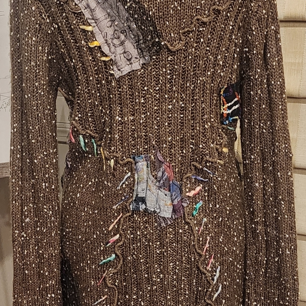 Elegant Brown Knit Dress with Colorful Details